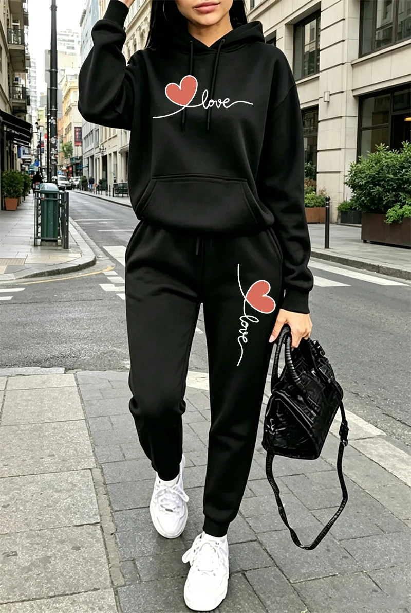 Winter Clothing Hoodie - Setelan Olahraga Wanita Motif Cetak Kasual